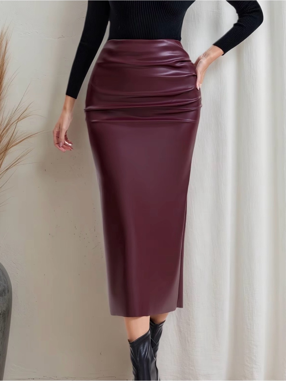 Faux Leather Burgundy Midi Pencil Skirt Small - Picture 2 of 4